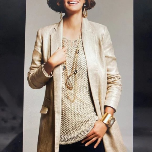 COPY - CHICO'S Linen GOLD SHIMMER BOYFRIEND DUSTER BLAZER 2 (L)  Fits like an XL - Picture 10 of 11